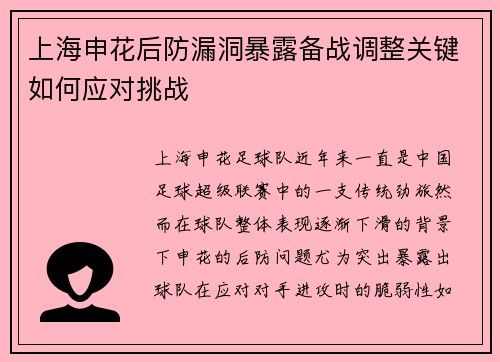 上海申花后防漏洞暴露备战调整关键如何应对挑战 上海申花后防漏洞暴露备战调整关键如何应对挑战