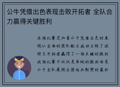 公牛凭借出色表现击败开拓者 全队合力赢得关键胜利
