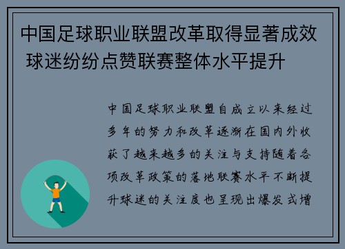 中国足球职业联盟改革取得显著成效 球迷纷纷点赞联赛整体水平提升 中国足球职业联盟改革取得显著成效 球迷纷纷点赞联赛整体水平提升