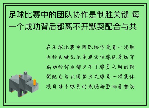 足球比赛中的团队协作是制胜关键 每一个成功背后都离不开默契配合与共同努力